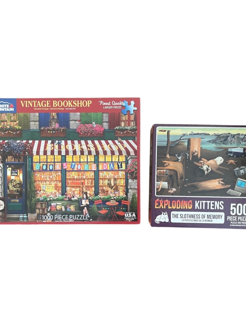 Puzzle Bundle White Mountain Vtg Bookshop 1000 PC #1488 Exploding Kittens 500 PC